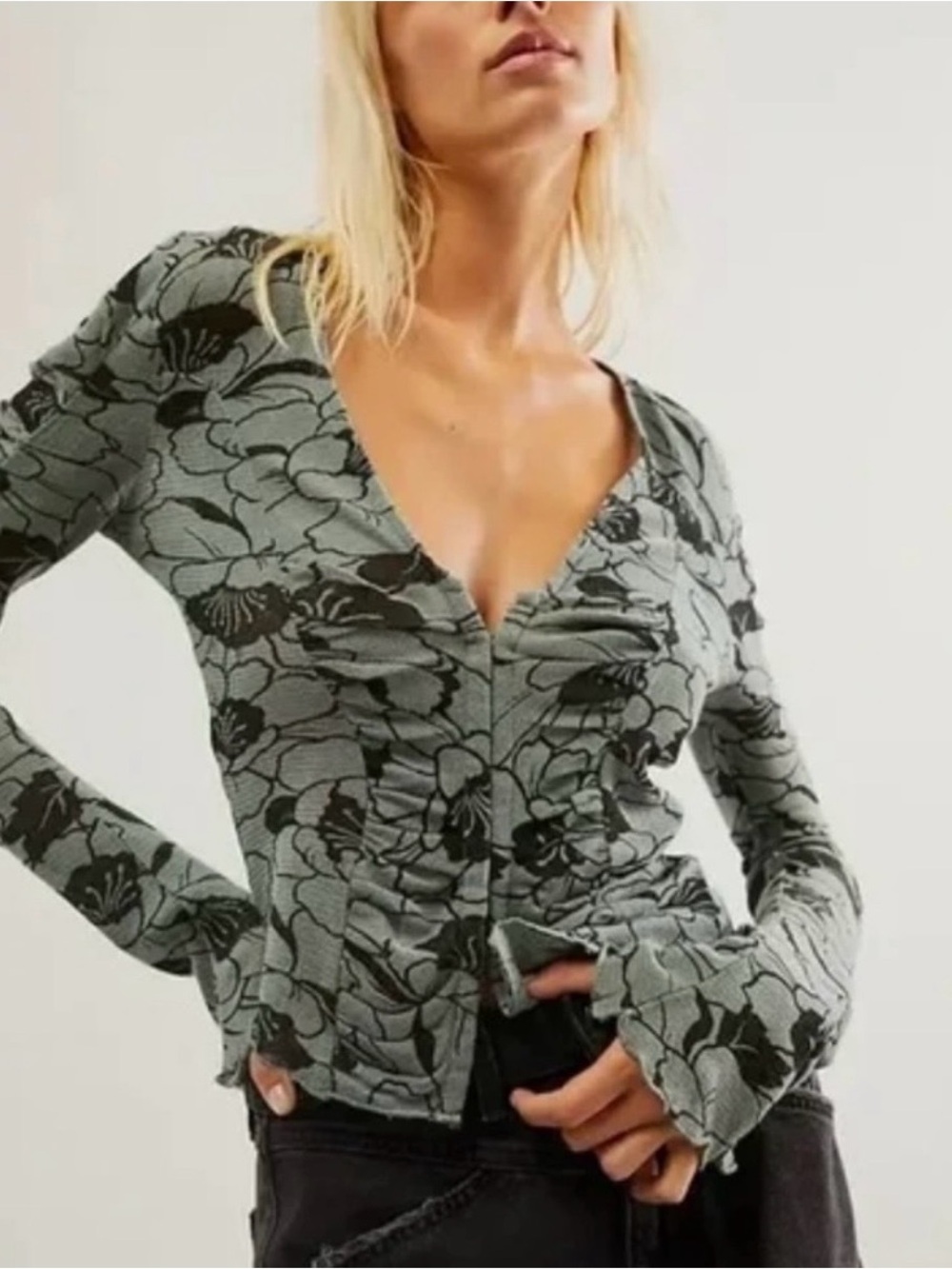 Free People Through the Meadow Floral Mesh V-Neck Top Green and Black XS